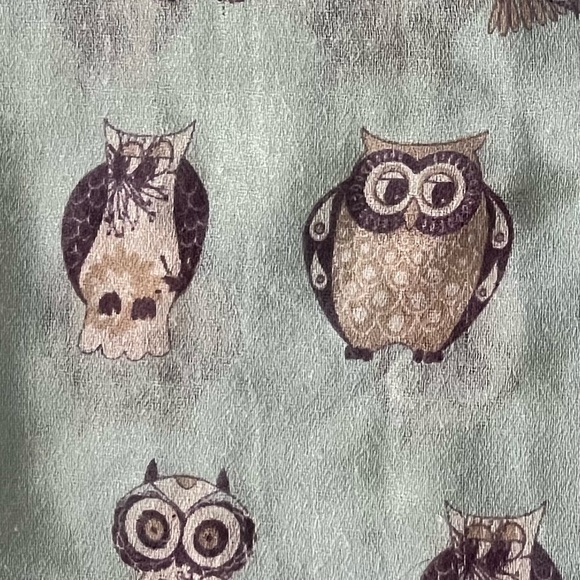 Large light blue whimsical Owl print lightweight fashion scarf. Eyelash fringes - Picture 4 of 11